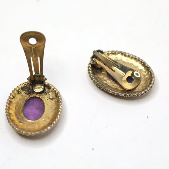 Vintage Oval Clip-On Earrings Gold Tone Purple Marble Cabochon Retro 80s 90s - Picture 4 of 8